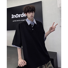 8XL-M假两件衬衫领短袖T恤大码夏季条纹拼接polo衫半袖DX1211/P45，男装Polo衫，电商B238