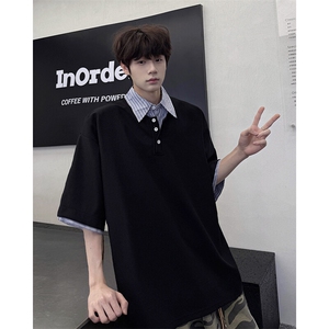 8XL-M假两件衬衫领短袖T恤大码夏季条纹拼接polo衫半袖DX1211/P45,polo 裙搭配豹纹帆布鞋图片