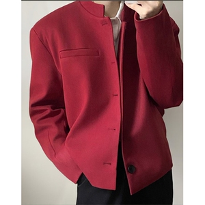 秋季复古酒红色雅痞垫肩小立领短款西服外套男毛呢外套 XW74,男装西服,星座1116A（原606A-3）