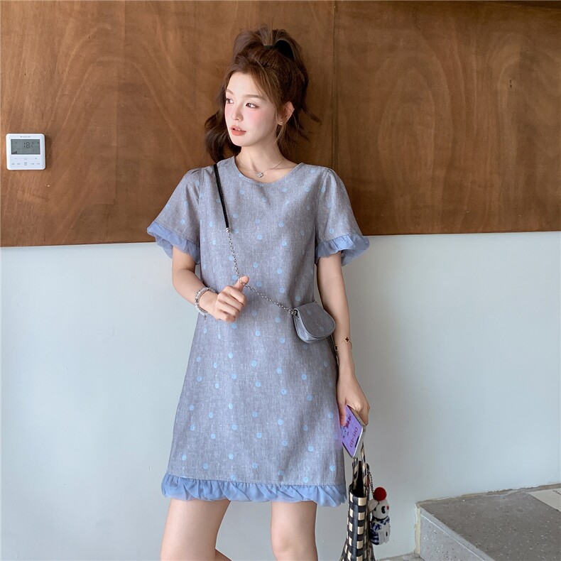 浅灰色波点连衣裙女2025年夏季新款韩系学院风宽松显瘦设计感裙子，女装连衣裙，2C327