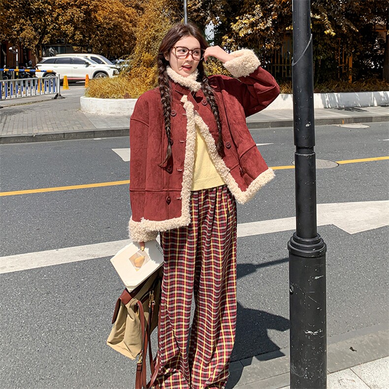 红羊羔毛外套女冬季2024新款皮毛一体炸街减龄韩系加绒棉服图片