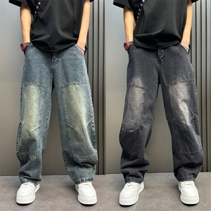 新款男士直筒牛仔裤阔脚宽松老爹裤贴布弯刀工装裤百搭哈伦长裤子图片