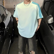 抖音得物品质二开240克宽松纯棉美式潮牌印花三条杠中性风短袖T恤，男装T恤，电商A486