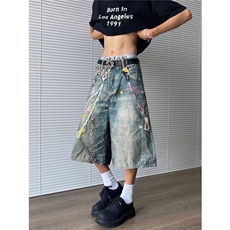 美式复古大码链条印花牛仔裤子美2025朋克辣妹hiphop嘻哈拖地裤，男装牛仔裤，星座601-1