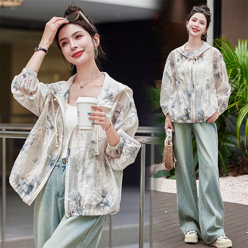 轩轩魅丽依族8825复古水墨印花休闲宽松连帽防晒服薄外套春夏新，女装防晒衣，雅静靓衣