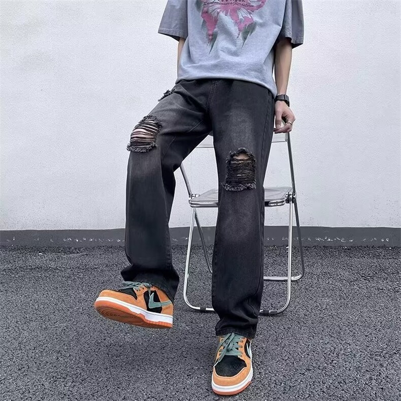 美式vibe风裤子高街破洞牛仔裤男直筒宽松坠感拖地长裤N2328-P40,男装牛仔裤,星座1008