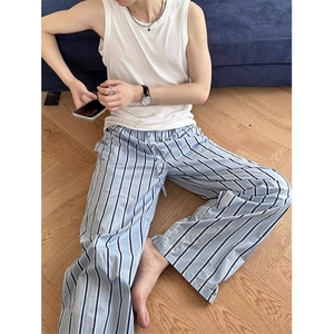 夏季薄款男女韩系松紧腰棉麻直筒条纹休闲长裤 KA60图片