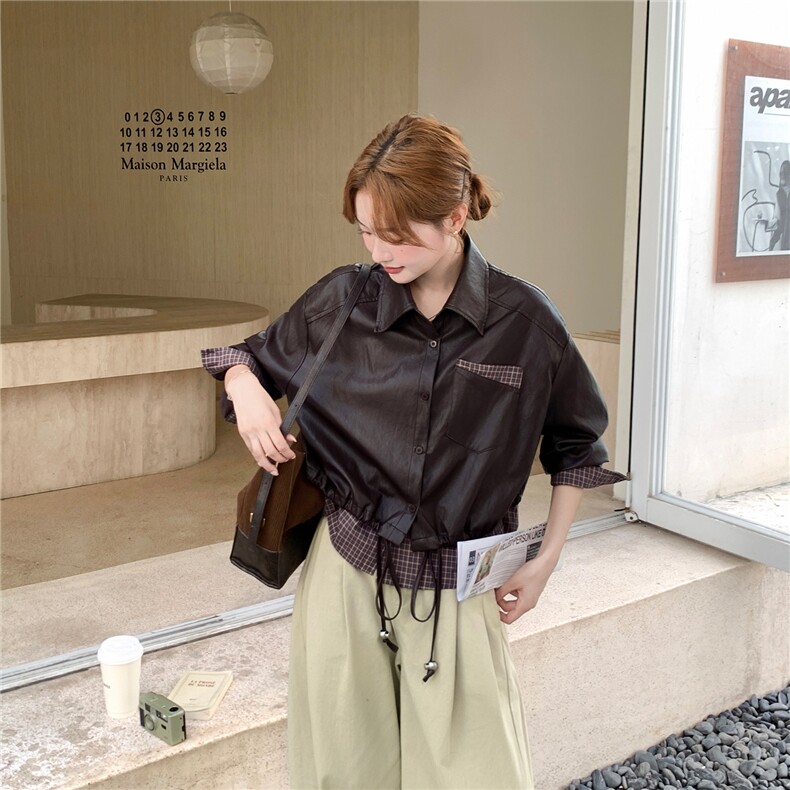 棕色短款皮衣外套女秋2025新款小个子休闲百搭又酷又飒PU皮夹克,女装皮衣,2C126