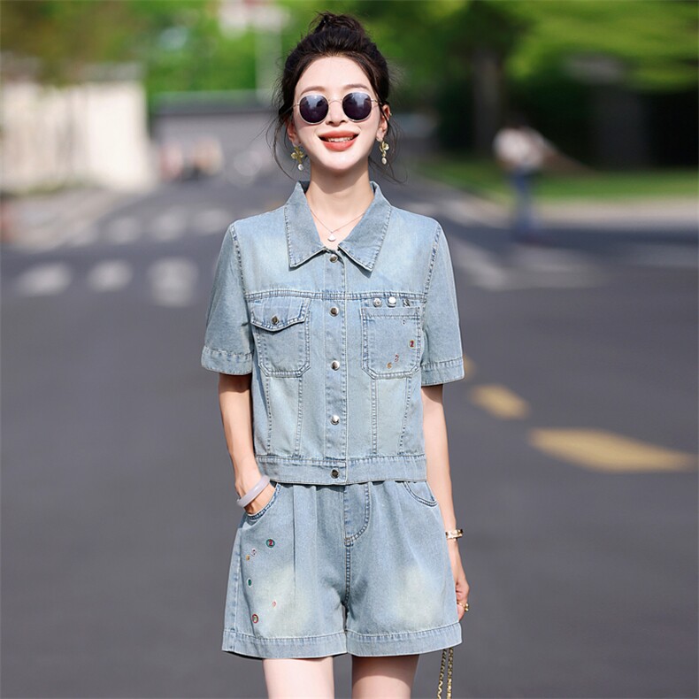 时尚牛仔阔腿短裤套装女夏2025新款洋气减龄复古牛仔小个子两件套,女装套装/套裙,意芙