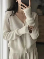 秋季新款短款针织开衫女V领长袖宽松显瘦百搭毛衣外套，女装羊毛衫，千御纺羊绒