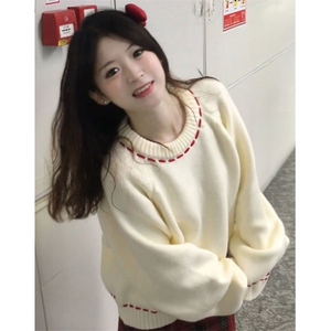 甜美杏色圆领套头毛衣女学生冬季学院风软糯百搭针织衫M6188