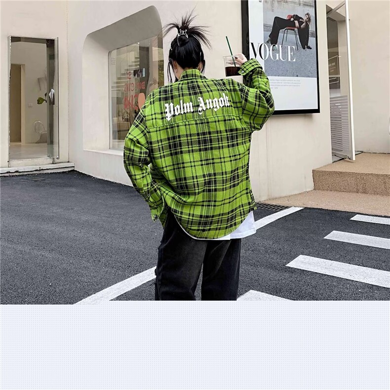 D153-P48春秋潮高街美式情侣宽松绿色衬衣外套格子衬衫,男装衬衫,星座911