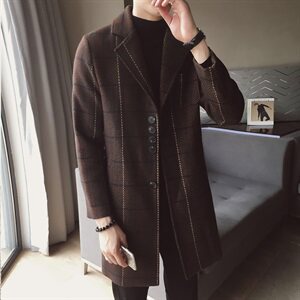 9063 2021男士风衣韩版中长款毛呢大衣男休闲潮流外套图片