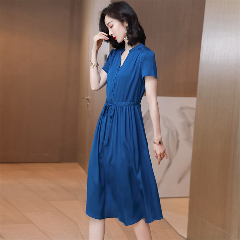 双绉真丝连衣裙夏天时尚气质纯色高档贵夫人大码中年妈妈丝绸裙子，女装连衣裙，阿舍尔精品