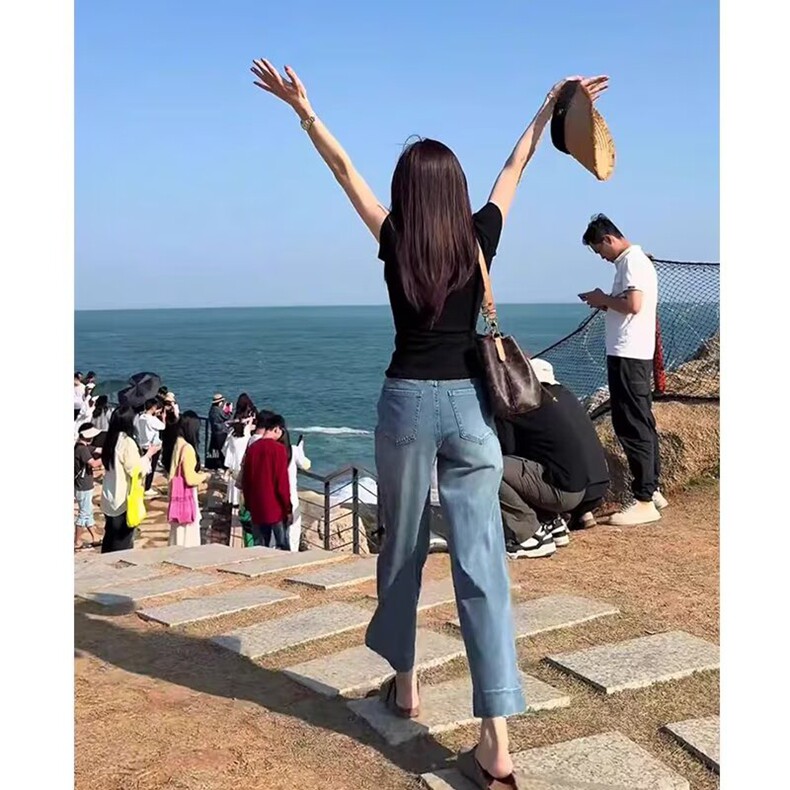 浅蓝天丝直筒牛仔裤女夏季薄款2025新款小个子女士冰丝九分阔腿裤,女装牛仔裤,星座218-8