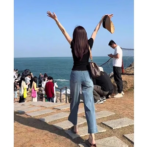 浅蓝天丝直筒牛仔裤女夏季薄款2025新款小个子女士冰丝九分阔腿裤图片