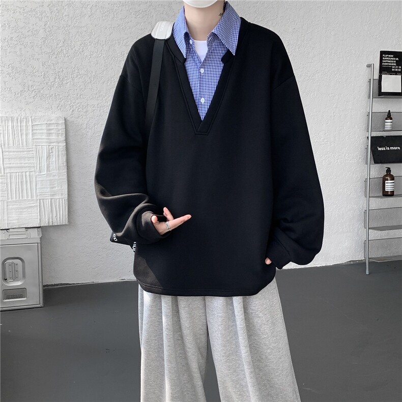 M-8XL假两件格子拼接衬衫领卫衣特大码重磅长袖V领上衣WY5112/P55,男装衬衫,电商B238