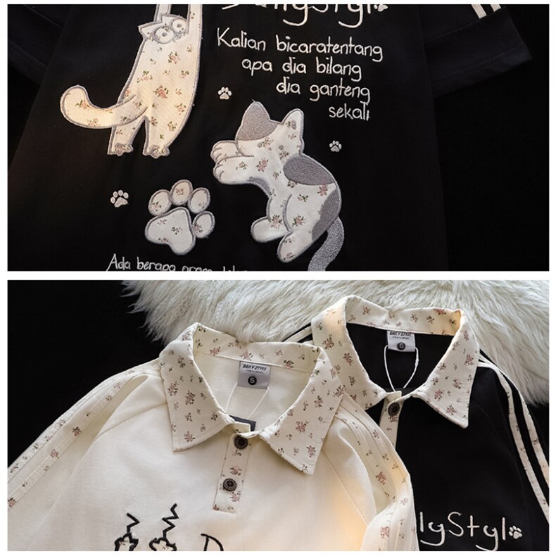 H0633-P45可爱猫咪刺绣短袖t恤女夏季学院风拼接polo领上衣,女装T恤,星座617A-2