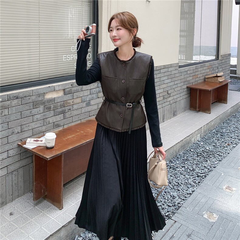 秋季拼接连衣裙皮马甲时尚两件套女，女装套装/套裙，浙宝069