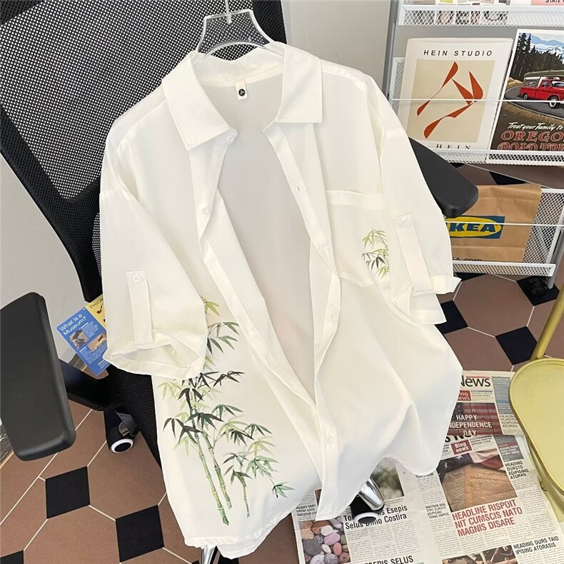 新中式风新款短袖t恤男夏季白色竹叶上衣 C5101  P32图片