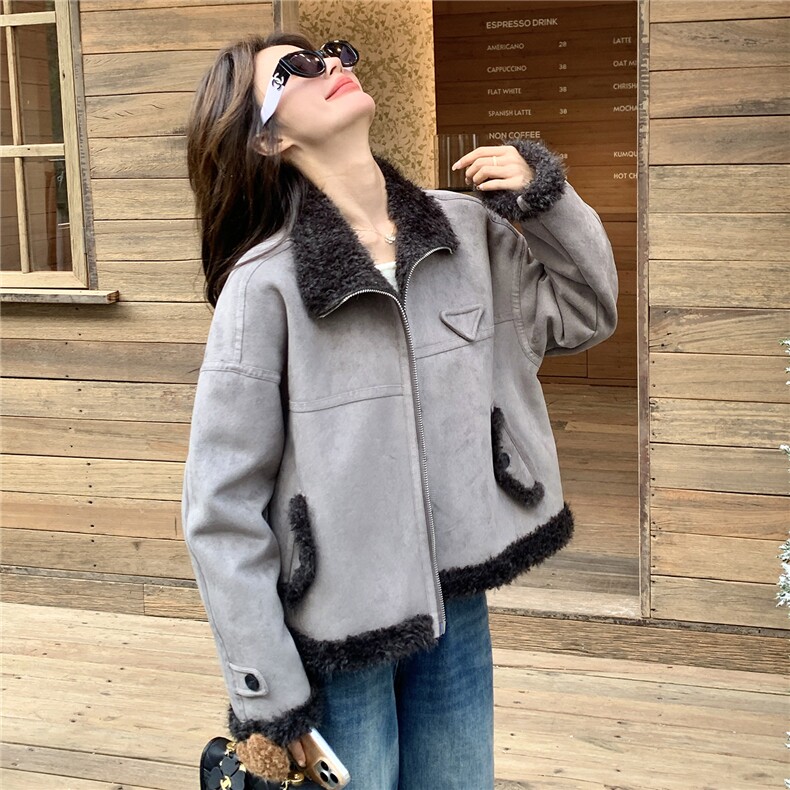 立领加厚保暖皮毛一体外套女短款机车服冬季宽松麂皮绒羊羔毛棉衣，女装短外套，艾米莉亚