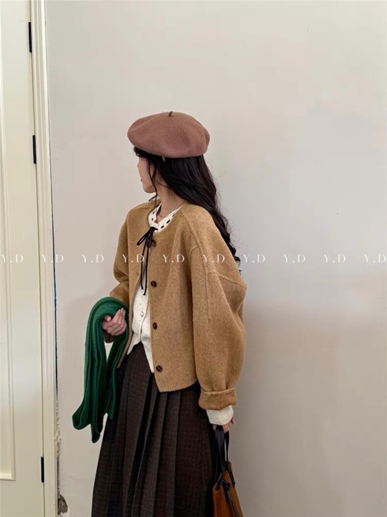 原价218.99!【依嘟】短款韩版冬小个子小香风宽松圆领羊,女装双面呢大衣,依嘟服饰
