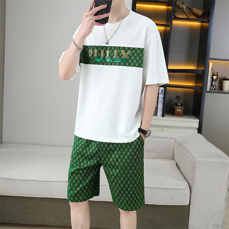新款短袖t恤套装男夏季薄款休闲运动服潮牌印花华夫格短裤两件套,男装休闲套装,星座1801