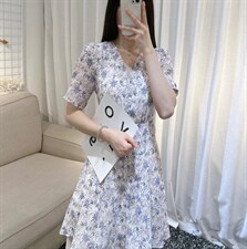 DINOBIENS【现货】夏季新款V领收腰碎花连衣裙，女装连衣裙，迪诺比亚