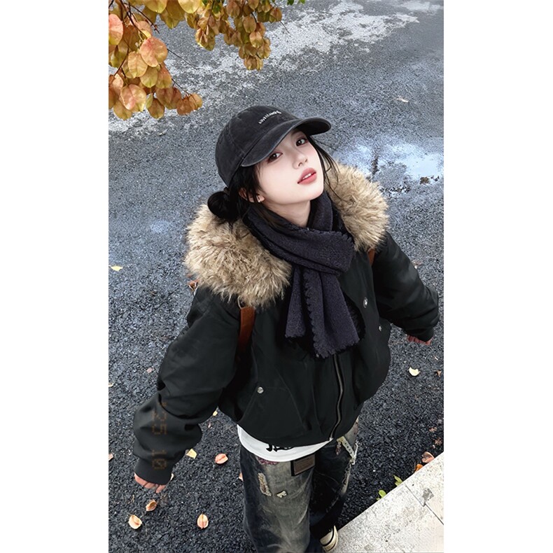 现货重磅boxy短款棉衣座山雕大毛毛领男女棉服水洗工装厚外套,男装棉衣,电商A486-1
