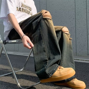 街头欧美破洞牛仔裤男宽松直筒痞帅宽松阔腿老爹裤潮 N9011图片