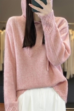高端山羊绒帽衫女2024秋冬新款宽松连帽毛衣针织打底卫衣外套女，女装羊毛衫，忠诺羊绒