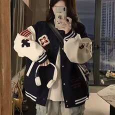 设计感拼接PU皮棒球服女外套新款秋季2026加厚毛巾绣夹克宽松显瘦，男装夹克，星座715-4