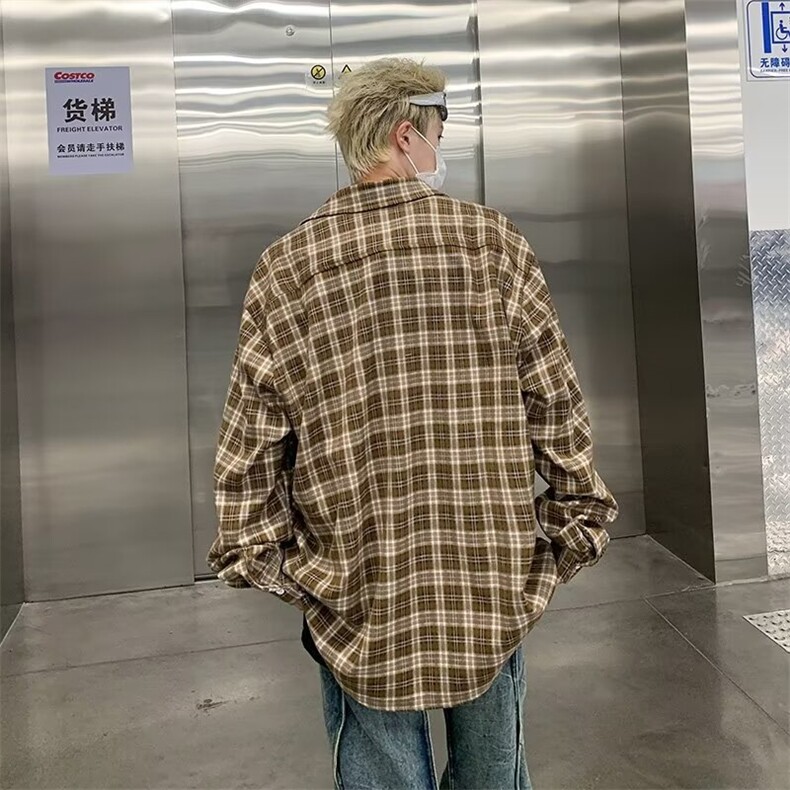 秋季小众口袋设计格子衬衫美式复古宽松休闲外套,男装衬衫,星座410-7