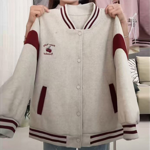 J9855-P60美式复古星空呢子樱桃刺绣+PU皮袖立领棒球服图片