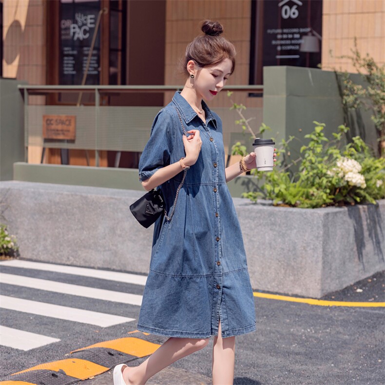 短袖牛仔连衣裙女2024夏季新款女装韩版时尚小翻领裙子大量现货,女装连衣裙,慧尚依恋