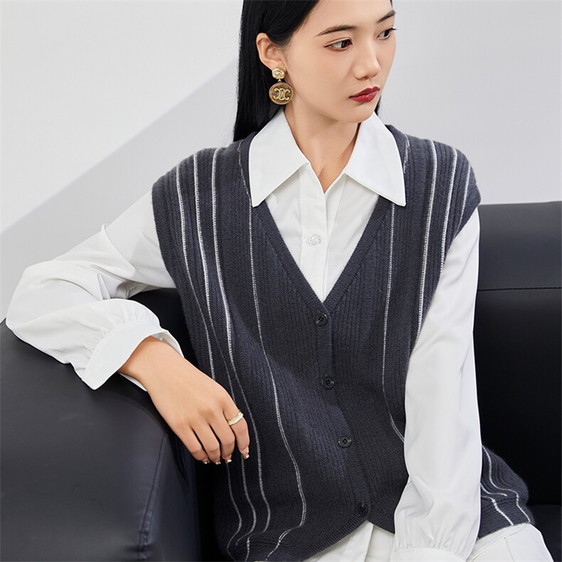 时尚百搭V领条纹羊绒马甲优雅气质休闲风女装背心,女装羊绒衫,美够羊绒
