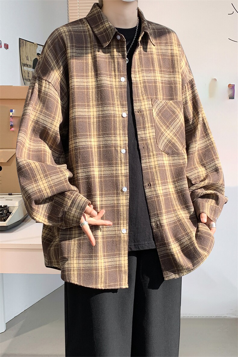衬衫男秋季新款港风宽松磨毛格子长袖衬衣CS601-特P27无差价,男装衬衫,星座214-3