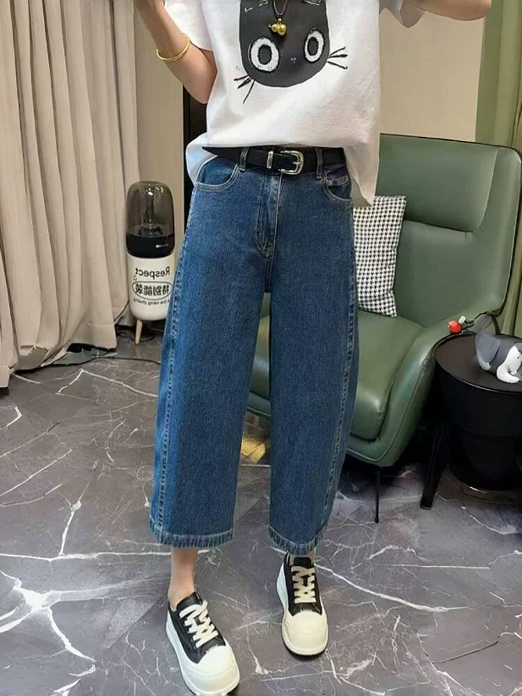 2025韩版百搭宽松高腰显瘦八分镰刀牛仔裤,女装休闲裤,湘姗