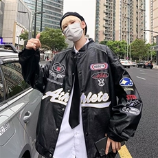美式潮牌PU皮夹克上衣男情侣宽松棒球服男街头机车外套PJ957-P88，男装夹克，星座1008