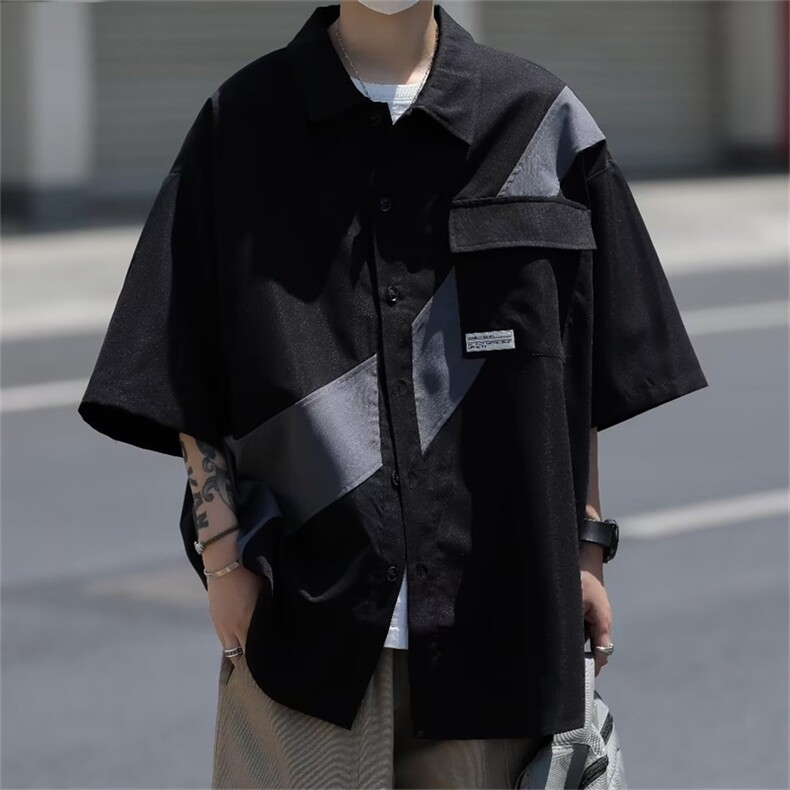 拼接短袖衬衫男夏季日系cityboy宽松休闲翻领工装衬衣潮CS453-P33,男装衬衫,星座1008