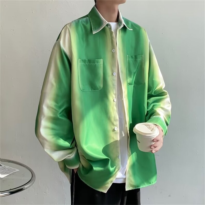 竹子绿渐变印花长袖防晒休闲衬衫小众高级感宽松渐变色衬衫男C645,男装防晒衣,星座1116A-2（原606A-1）