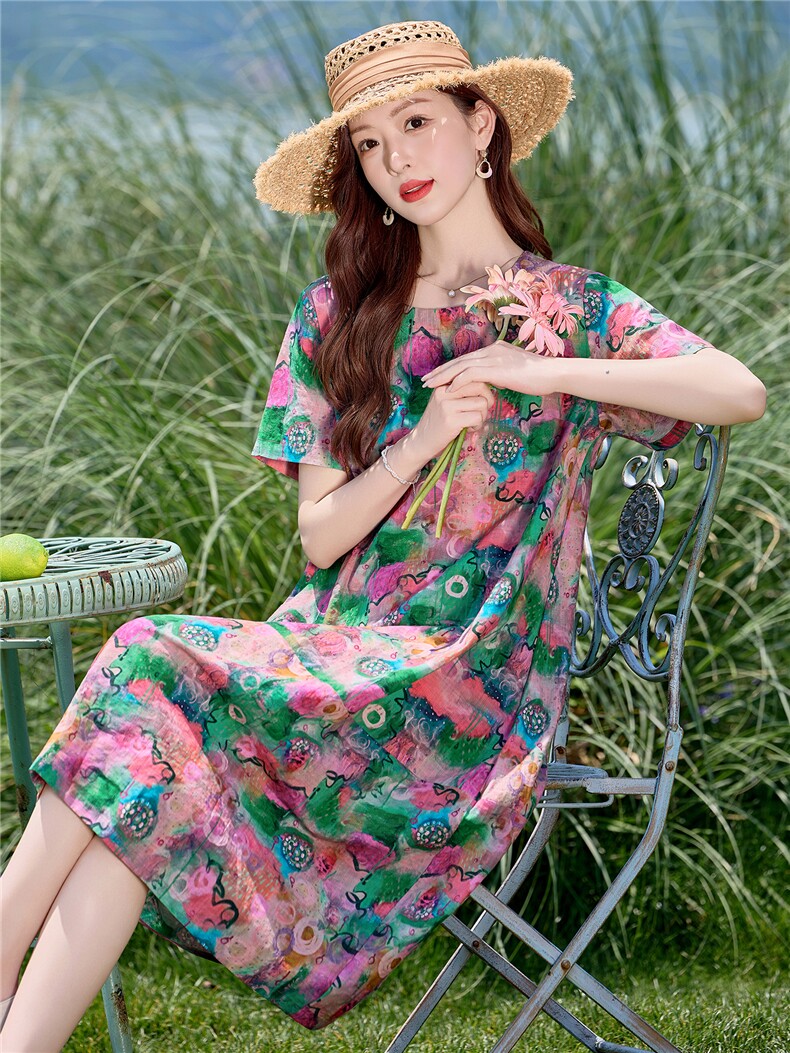 时尚印花圆领棉麻连衣裙女2026夏薄款舒适小个子休闲宽松显瘦裙子,女装连衣裙,倪叶myz