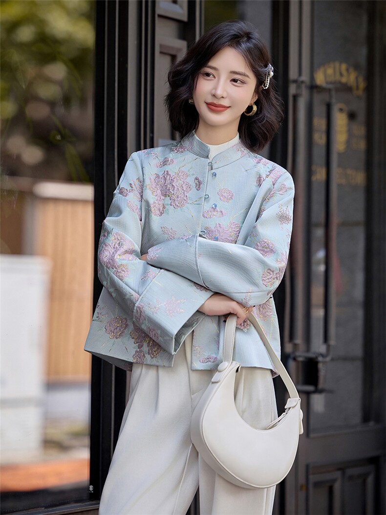 蓝色温柔撞色刺绣提花短外套女春秋新款中式风漂亮上衣,女装短外套,水衣源
