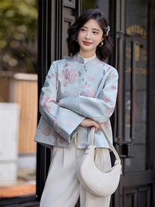 蓝色温柔撞色刺绣提花短外套女春秋新款中式风漂亮上衣图片