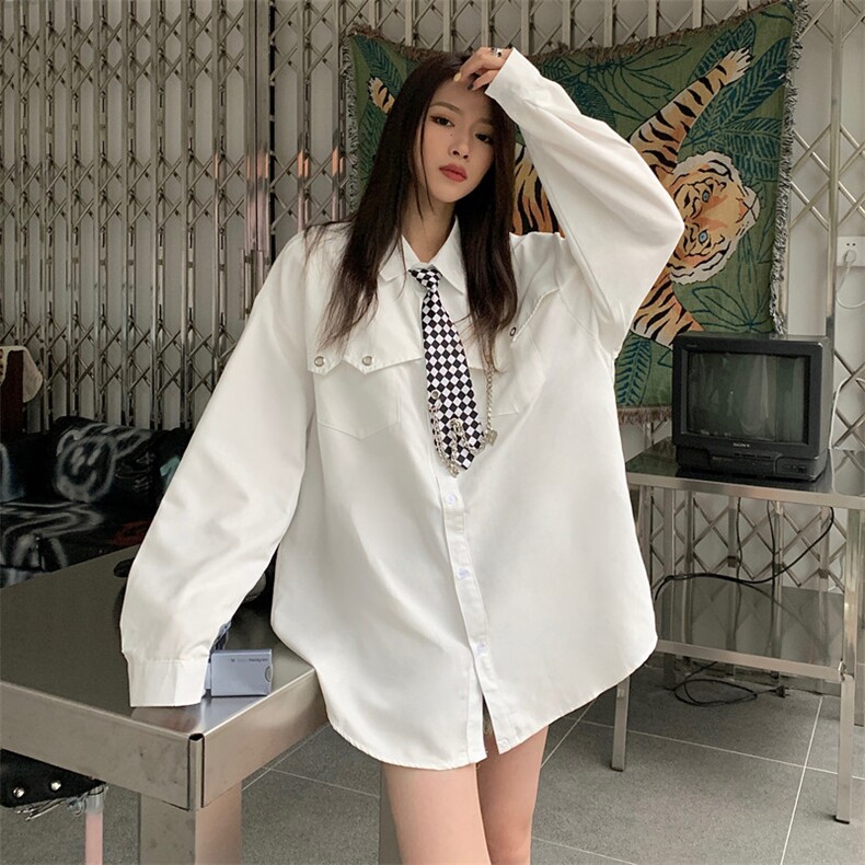 白色polo领长袖衬衣女2023春夏宽松韩版百搭纯色衬衫3069-P53,男装衬衫,星座910-1