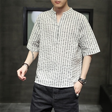风立领衬衣休闲条纹衫短袖夏季休闲仿麻T117-P55，男装T恤，电商A227
