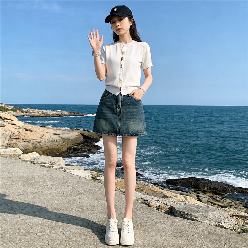 夏季新款时尚休闲简约套装宽松显瘦圆领彩色纽扣上衣牛仔裙两件套,女装套装/套裙,江南
