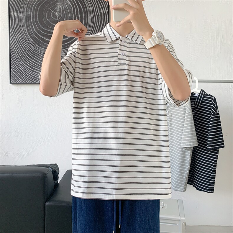 夏季条纹百搭ins衣服潮polo衫短袖t恤男宽松半袖五分袖T694-P30,男装T恤,星座512-2