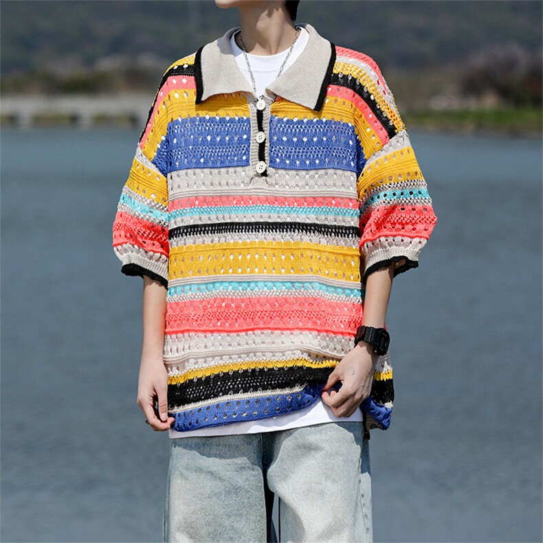 8XL-M特大码美式复古条纹撞色针织POLO衫翻领休闲短袖TDX311P35,男装T恤,电商D206-1