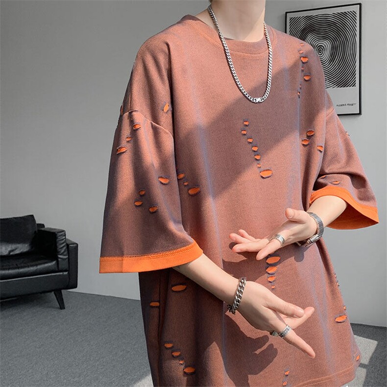 T10137-特批33  控68 开口笑高品质夏季大码短袖破洞潮流百搭T恤图片